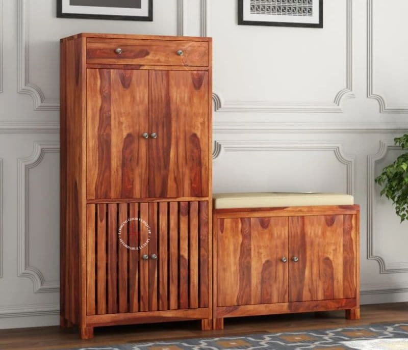 Image 1 for Foreta Wood Shoe Rack With Seat ( Honey Finish )