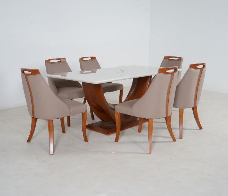 Image 2 for Sammy 6 Seater White Onyx Marble Dining Set with Premium Leatherette Upholstery