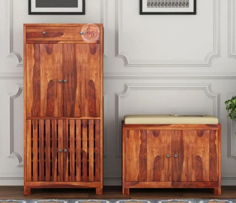 Image 6 for Foreta Wood Shoe Rack With Seat ( Honey Finish )