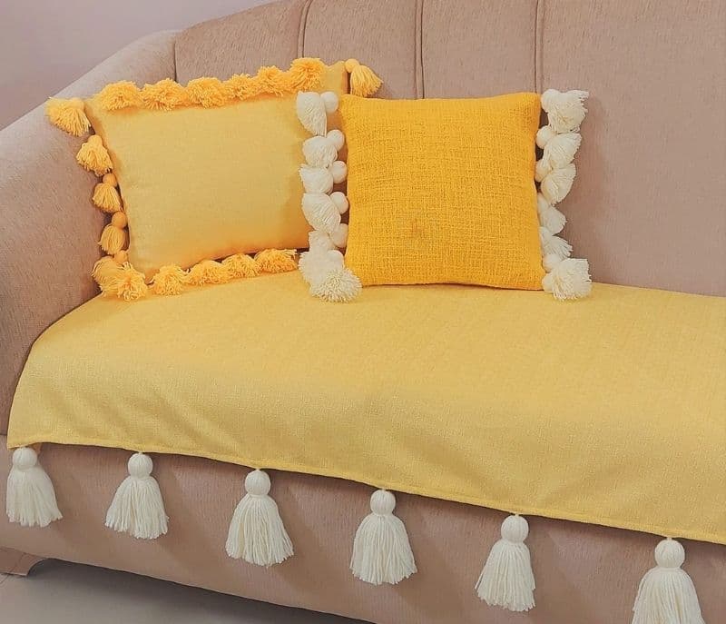 Image 1 for Amato Sofa Cover With White Tassels Light Yellow 3 Seater
