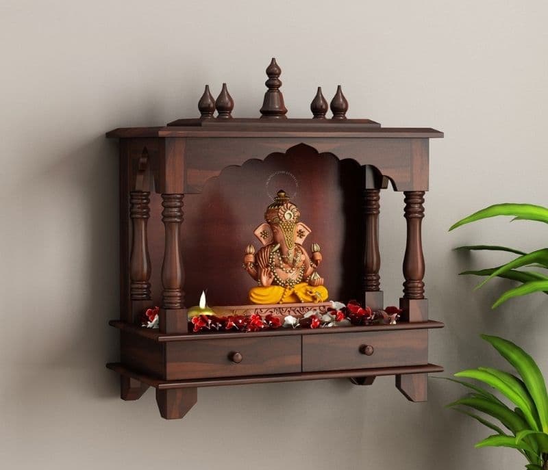 Image 2 for Thailand Wall Mounted Pooja Mandir With Twin Drawers (Walnut Finish)