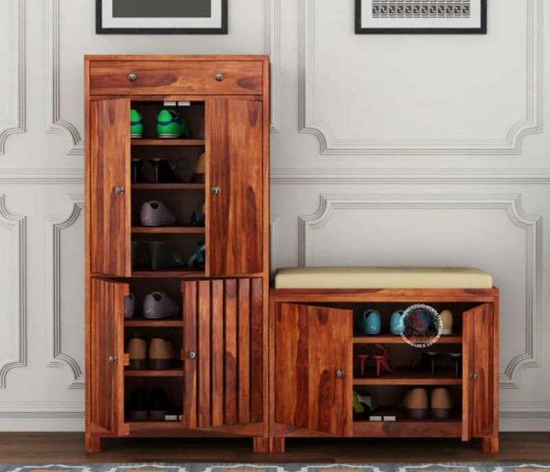 Image 7 for Foreta Wood Shoe Rack With Seat ( Honey Finish )