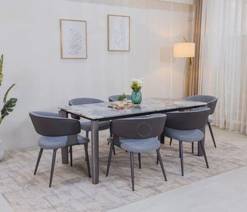 Image 1 for Avani 6 Seater Dining Set With Premium Grey Upholstered Chairs & Artificial Marble Top