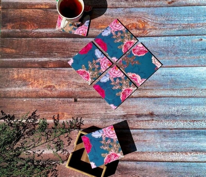 Image 1 for Jaliyah Wooden Printed Blue Floral Premium Coasters (Set Of 6)