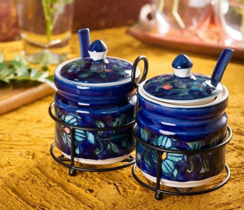 Image 1 for Sawyer Blue Colour Ceramic Jar Set with Iron Stand and 2 Spoons