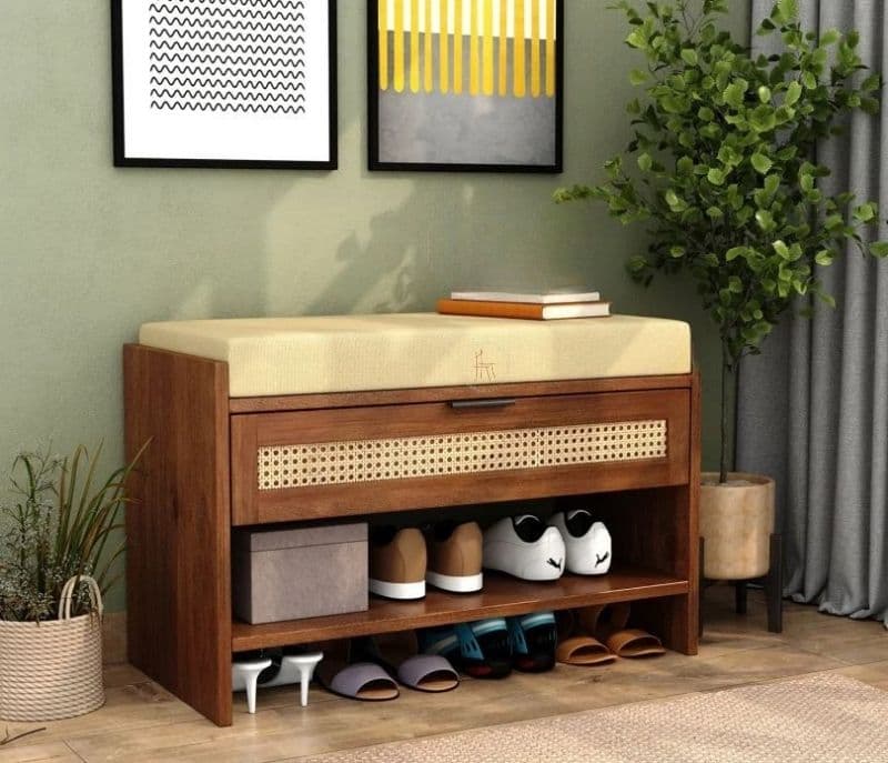 Image 1 for Fatima Premium Solid Wood Shoe Rack With Removable Cushioned Seat, Drawer Storage & Cane Detailing