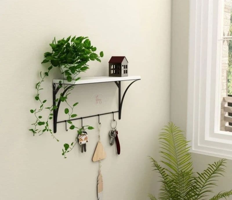 Image 1 for Ailani Wooden Wall Mounted Shelf With 4 Hanging Metal Hooks, Multipurpose Wall Shelf For Living Room/Bedroom