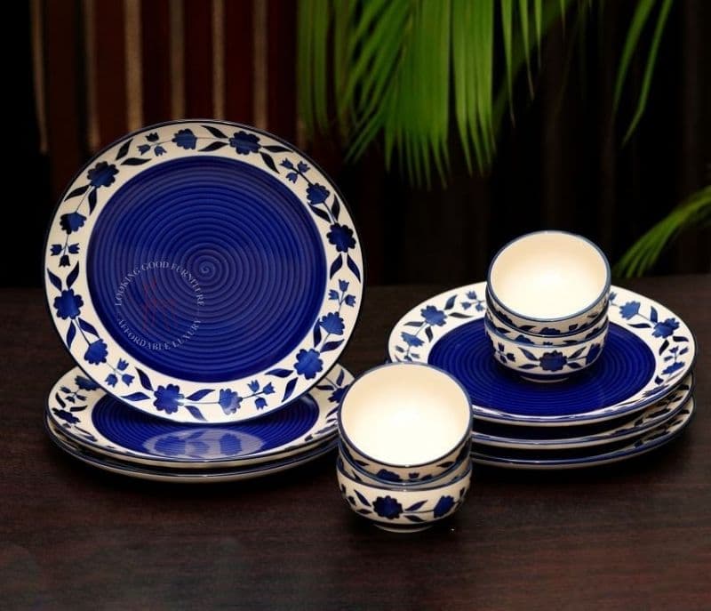 Blue and White Floral Ceramic Dinner Plate Set with Katoris - Set of 12 Piece