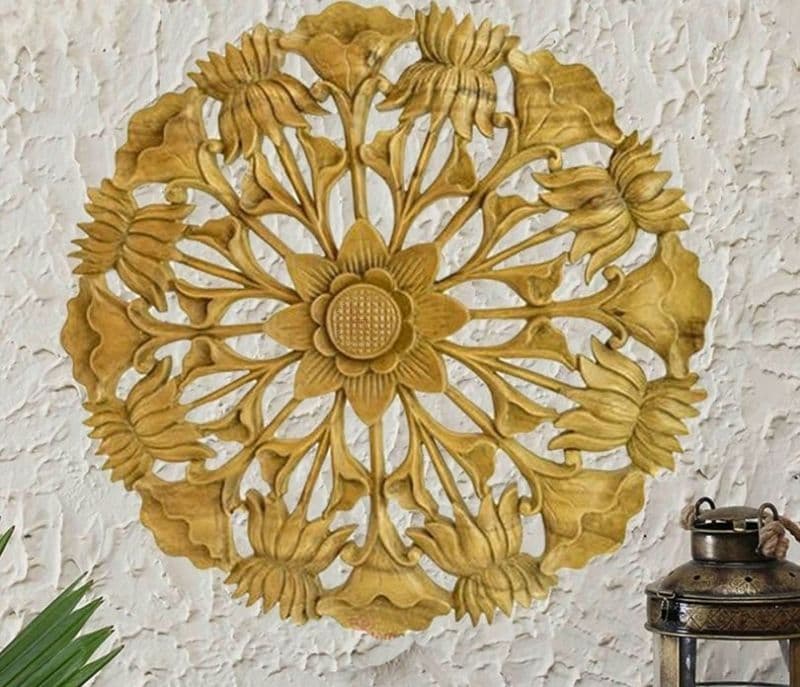 Image 1 for Ainara Lotus Hand Carved Yellow Wooden Wall Panel
