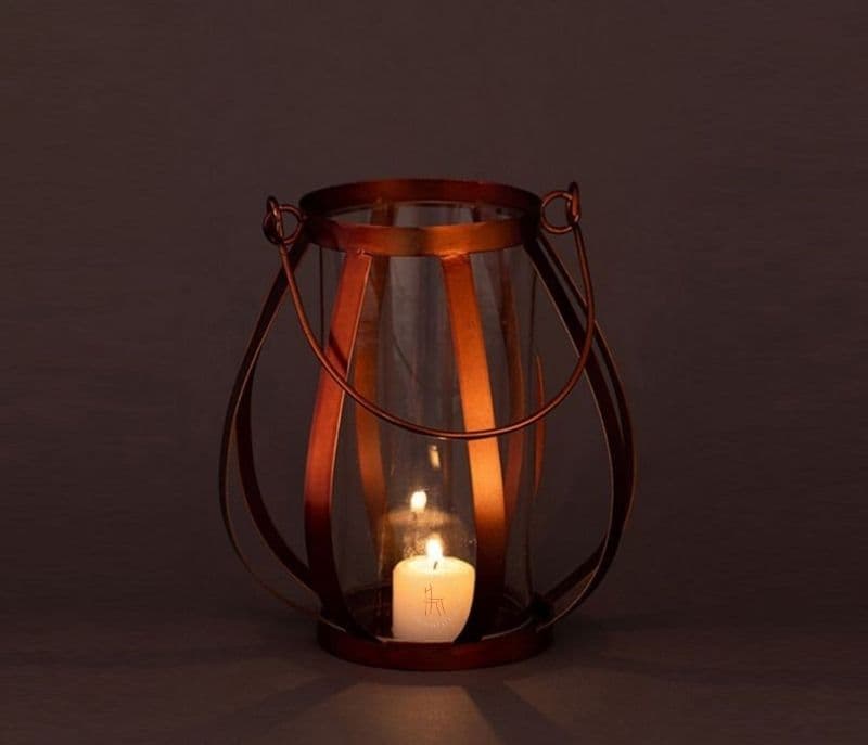 Image 1 for Maeve Rose Gold Iron Strips Tea Light Holder with Glass Case