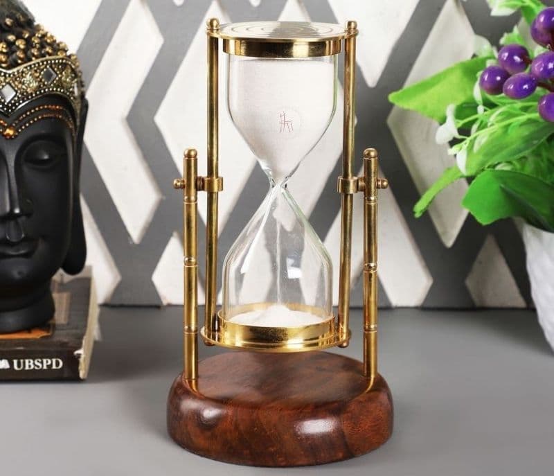 Image 1 for Tatum Brass Hanging Sand Timer with Round Wooden Stand