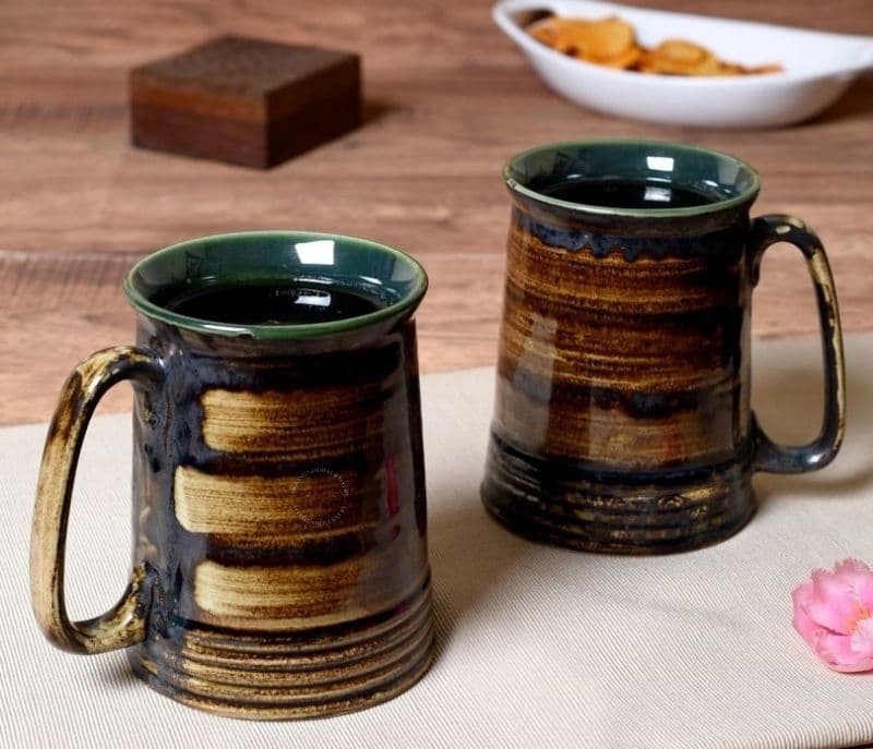 Image 1 for Serenity Brown Ceramic Handpainted Beer Mug Set Of 2
