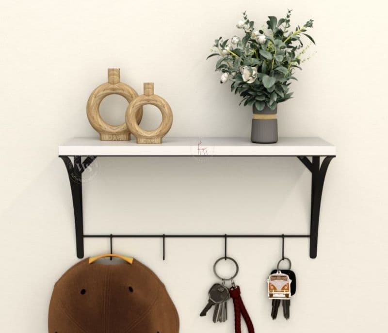 Image 4 for Ailani Wooden Wall Mounted Shelf With 4 Hanging Metal Hooks, Multipurpose Wall Shelf For Living Room/Bedroom