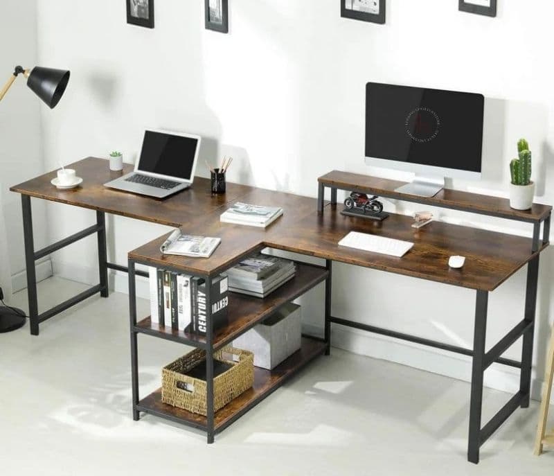 Remy Computer Desk with Storage Shelves in Rustic Brown Color