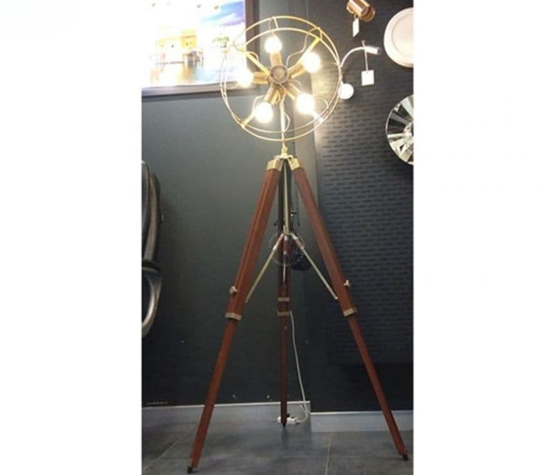 Image 2 for Henley Brown Colour Wooden Antique Brass Adjustable Tripod Floor Lamp
