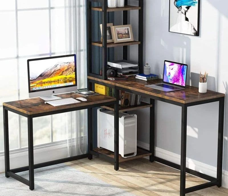 Image 3 for Penny Brown L-Shaped Computer Desk with Bookshelf Storage