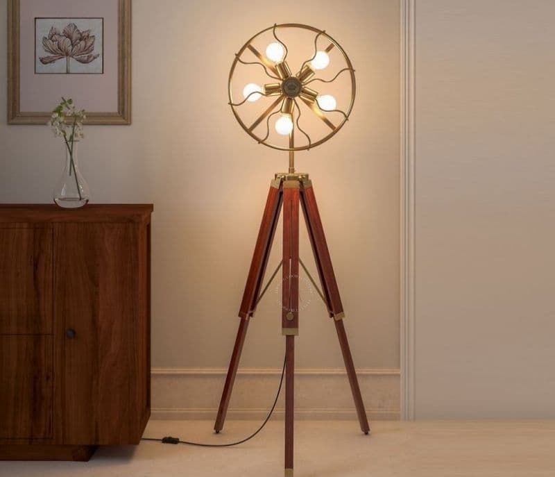 Image 1 for Henley Brown Colour Wooden Antique Brass Adjustable Tripod Floor Lamp