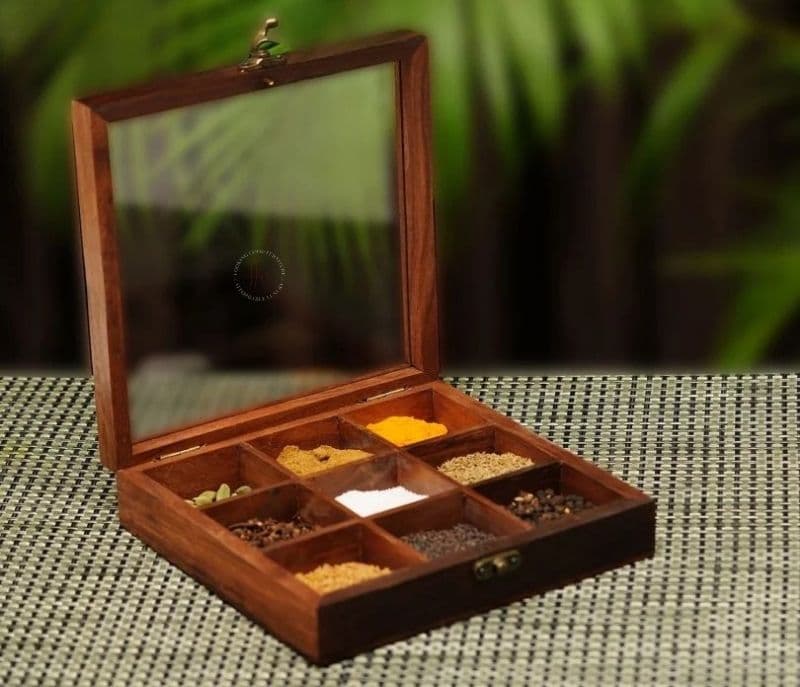Image 2 for Gabriela Brown Decorative Multi Purpose Spice Box With Nine Partitions And Spoon