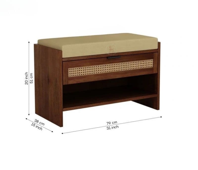 Image 3 for Fatima Premium Solid Wood Shoe Rack With Removable Cushioned Seat, Drawer Storage & Cane Detailing