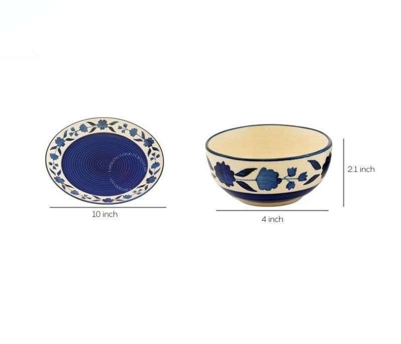 Image 2 for Blue and White Floral Ceramic Dinner Plate Set with Katoris - Set of 12 Piece