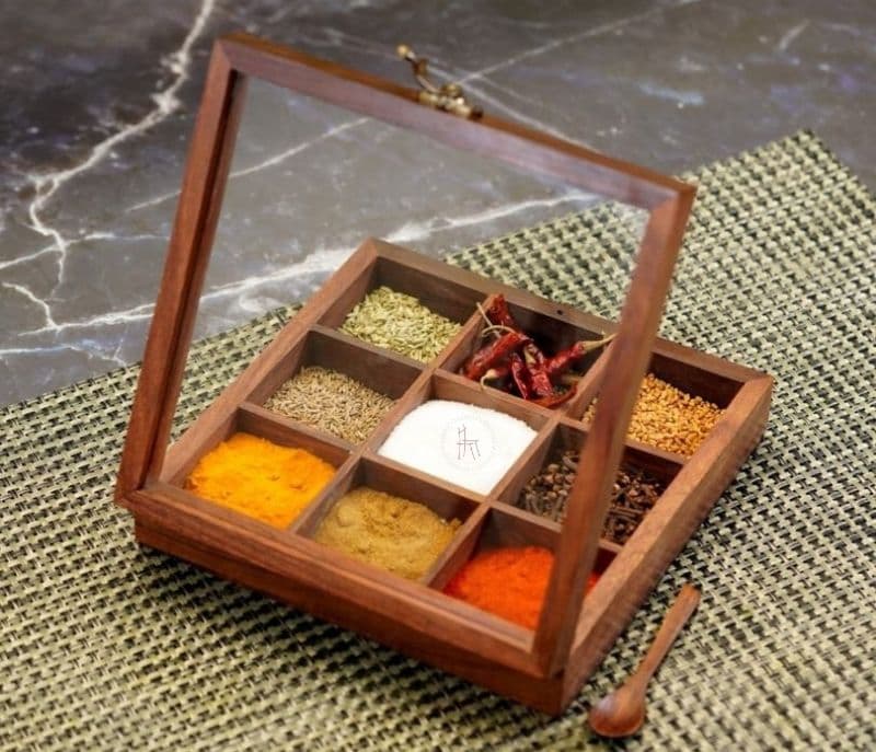 Image 1 for Gabriela Brown Decorative Multi Purpose Spice Box With Nine Partitions And Spoon