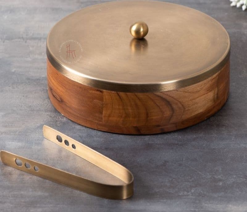 Wooden Chapatti Box Gold Lid Casserole with Tong