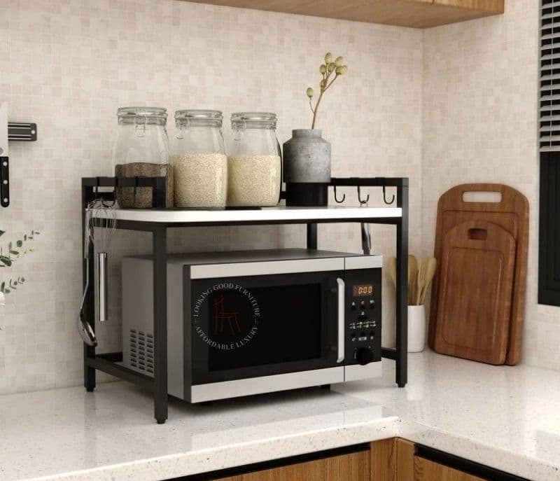 Image 1 for Skye Engineered Wood Microwave Stand With Kitchen Organizer Storage & Metal Hooks