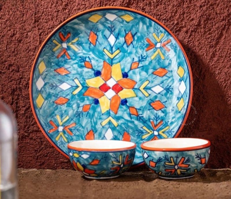 Image 1 for Hand Painted Ceramic Dinner Plate with 2 Bowls