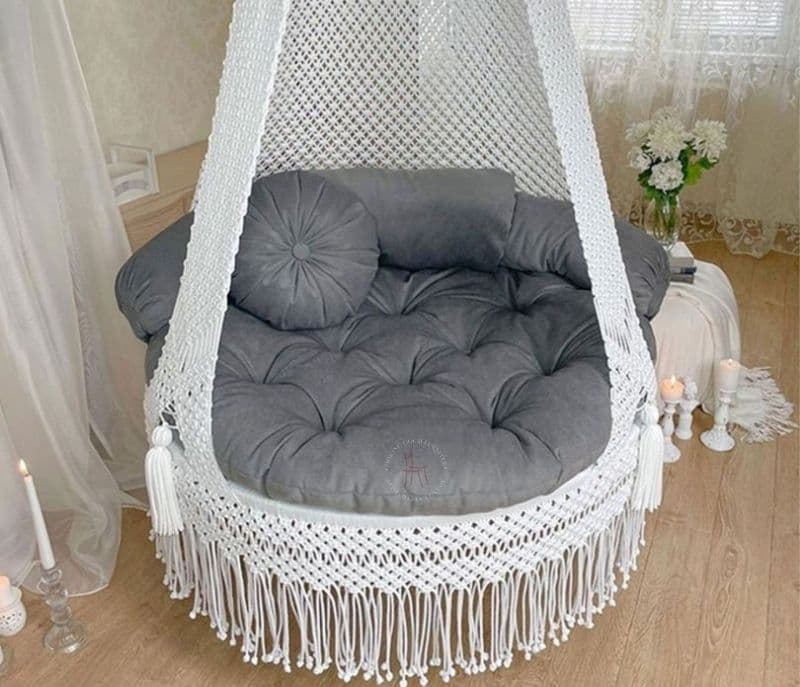 Image 2 for Cataleya White with Grey 40 Inch Handmade Macrame Hammock Swing Chair