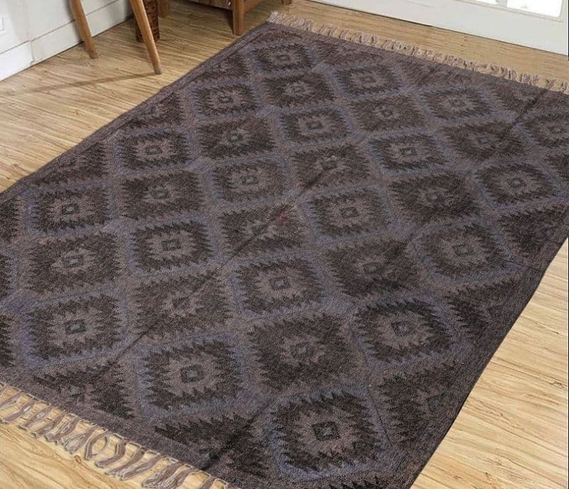 Image 1 for Lillian Black and Blue Hand-woven Jute and Wool 8 x 10 Feet Geometric Pattern Dhurrie Carpets