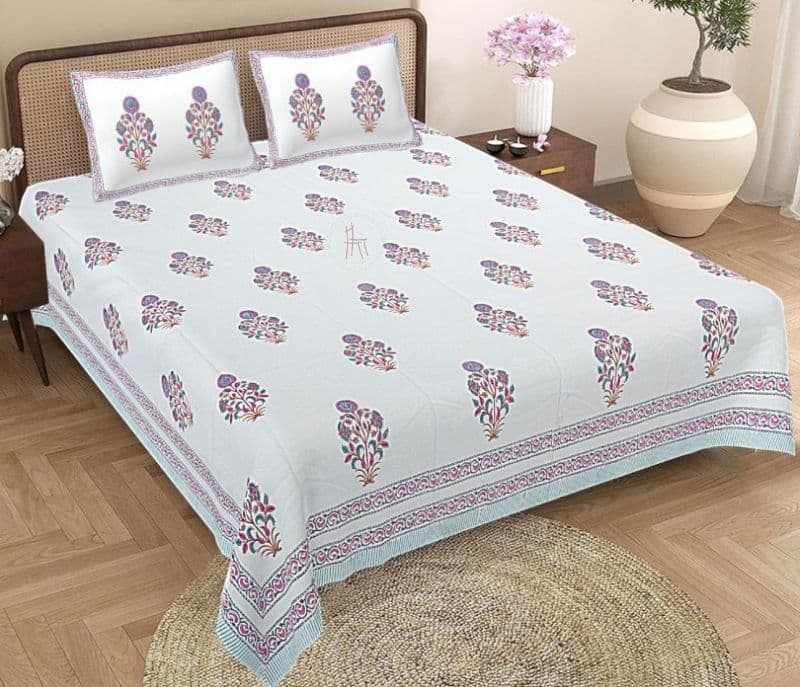 Image 1 for Lauren Pure Cotton Hand Block Printed Queen Size Bedsheet With 2 Pillow covers