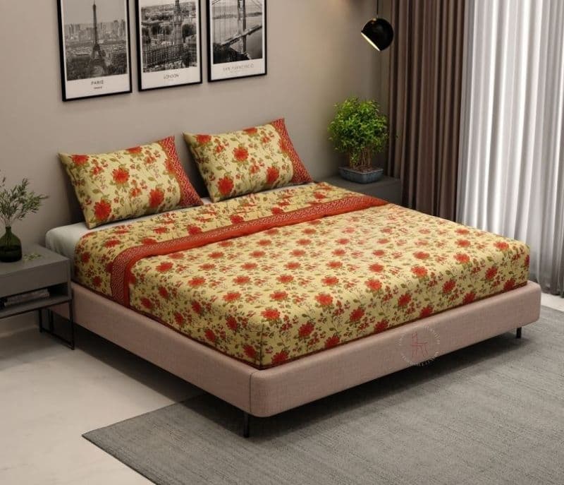 Image 1 for Elora 120 TC Floral Jaipuri Printed Cotton Double Bedsheet With 2 Pillow Cover