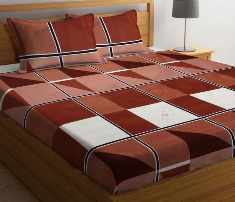 Elodie Brown Geometric TC Cotton Blend Super King Size Fitted Bedsheet with 2 Pillow Covers
