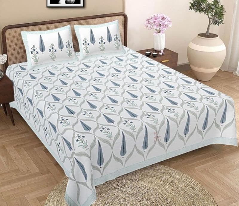 Itzel Green Pine Tree Pattern Pure Cotton Hand Block Printed Single Size Bedsheet With 2 Pillow covers