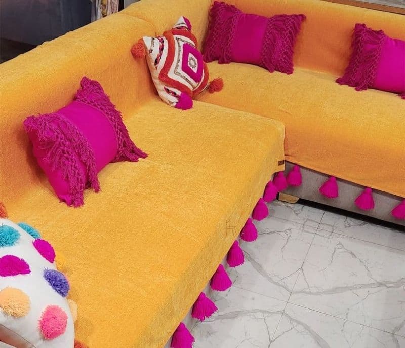 Lily Ocher With Pink Tassels L Shape Sectional Sofa Cover Set Of 2