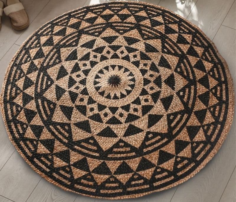 Image 1 for Adeline Black Geometric Pattern Hand Braided Round Jute Rug