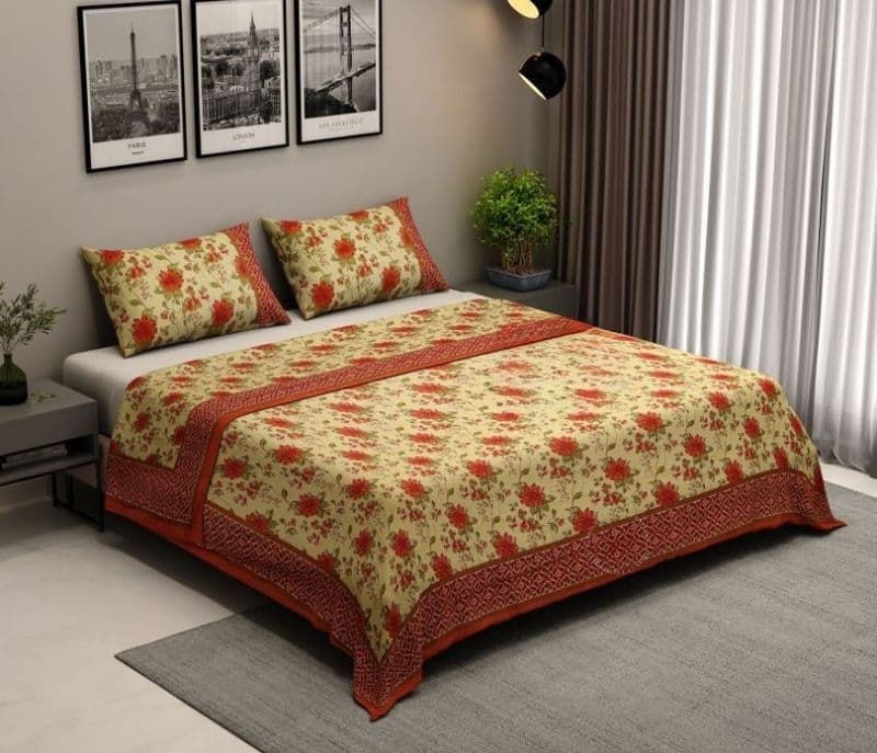 Image 2 for Elora 120 TC Floral Jaipuri Printed Cotton Double Bedsheet With 2 Pillow Cover