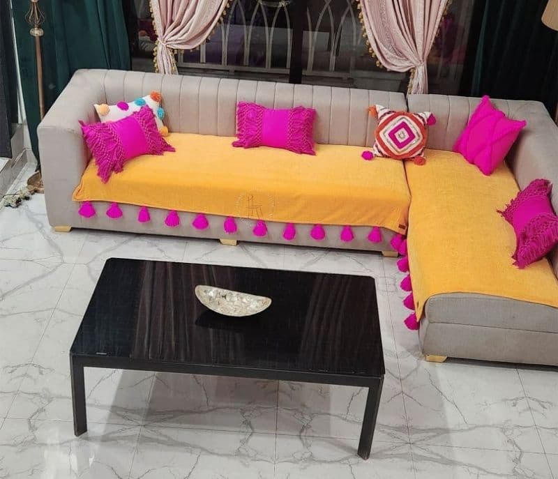 Image 2 for Lily Ocher With Pink Tassels L Shape Sectional Sofa Cover Set Of 2