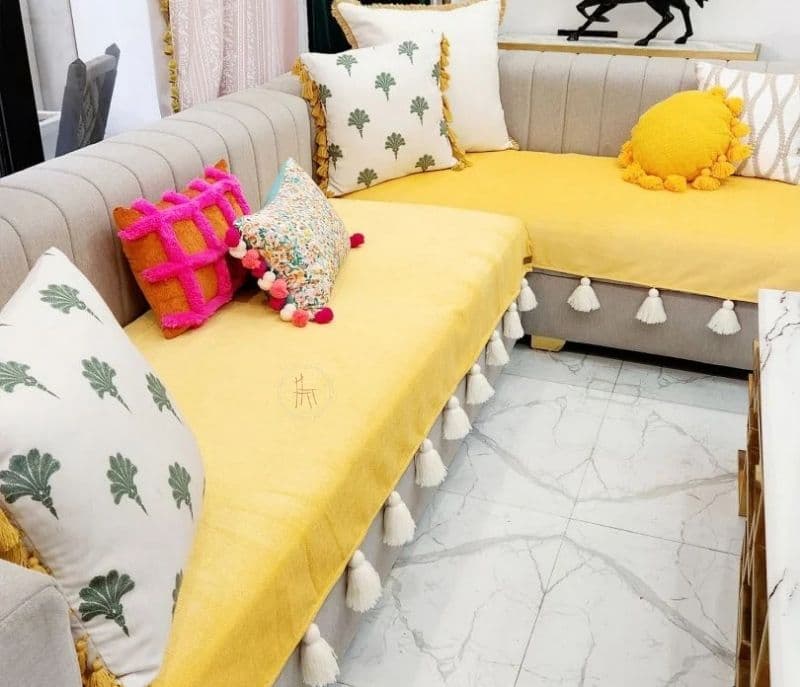 Gianna Yellow With White Tassels Sectional L Shape Corner Sofa Cover Set Of 3