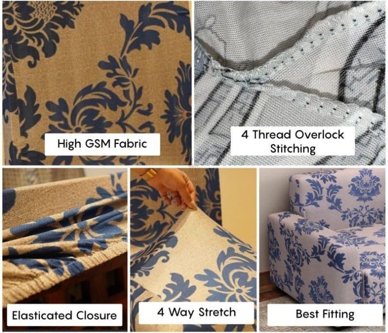Image 6 for Chloe Printed Polyester Spandex 3+1+1 Sofa Cover Set (Blue)