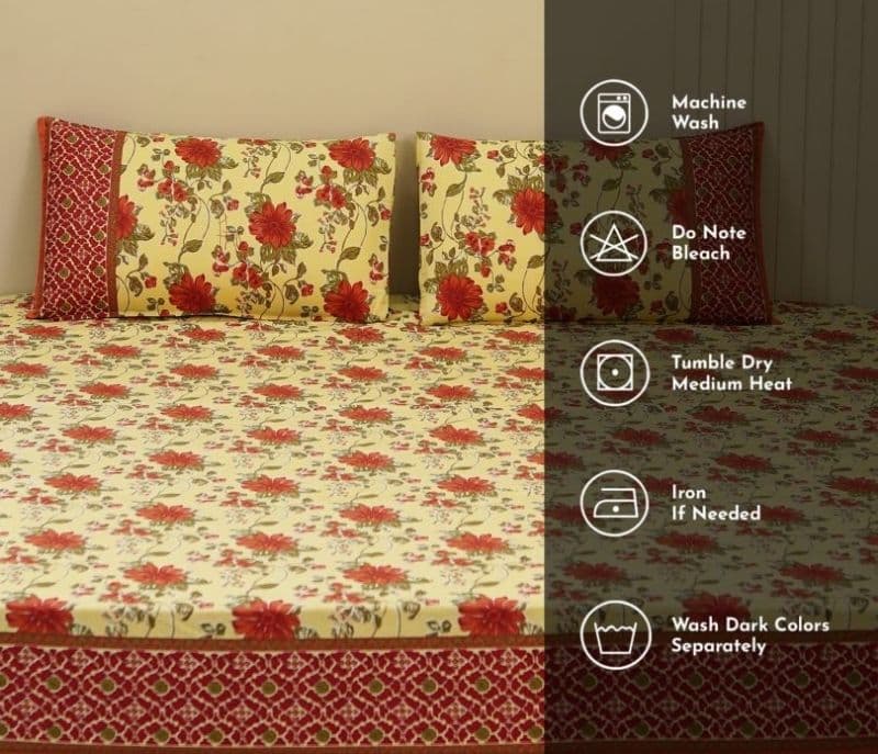 Image 8 for Elora 120 TC Floral Jaipuri Printed Cotton Double Bedsheet With 2 Pillow Cover